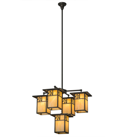 Meyda Lighting Hyde Park 32" 5-Light Craftsman Brown Sprig Chandelier With Beige Iridescent Shade Glass