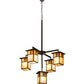 Meyda Lighting Hyde Park 32" 5-Light Craftsman Brown "T" Mission Chandelier With Beige Iridescent & Amber Mica Shade Glass
