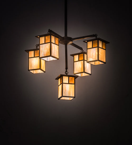 Meyda Lighting Hyde Park 32" 5-Light Craftsman Brown "T" Mission Chandelier With Beige Iridescent & Amber Mica Shade Glass