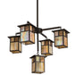 Meyda Lighting Hyde Park 32" 5-Light Craftsman Brown "T" Mission Chandelier With Beige Iridescent & Amber Mica Shade Glass