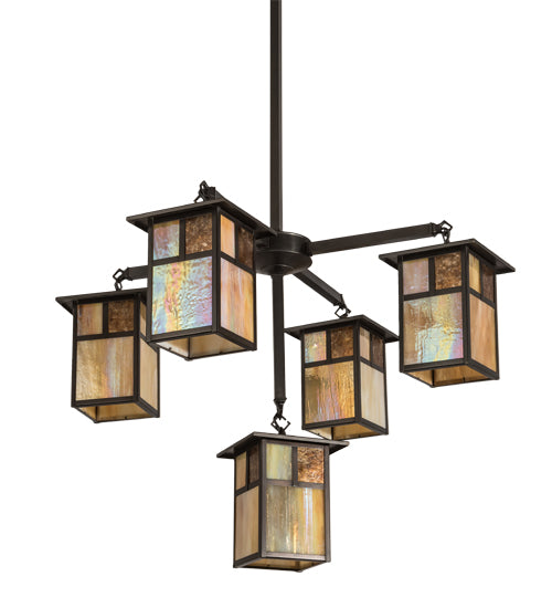 Meyda Lighting Hyde Park 32" 5-Light Craftsman Brown "T" Mission Chandelier With Beige Iridescent & Amber Mica Shade Glass
