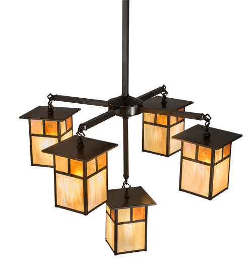 Meyda Lighting Hyde Park 32" 5-Light Craftsman Brown "T" Mission Chandelier With Beige Iridescent & Amber Mica Shade Glass