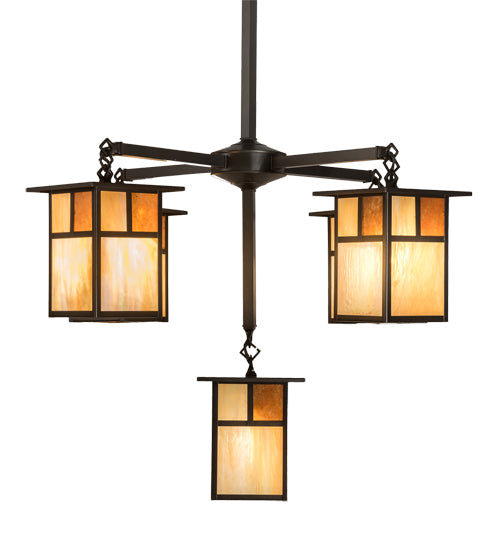 Meyda Lighting Hyde Park 32" 5-Light Craftsman Brown "T" Mission Chandelier With Beige Iridescent & Amber Mica Shade Glass