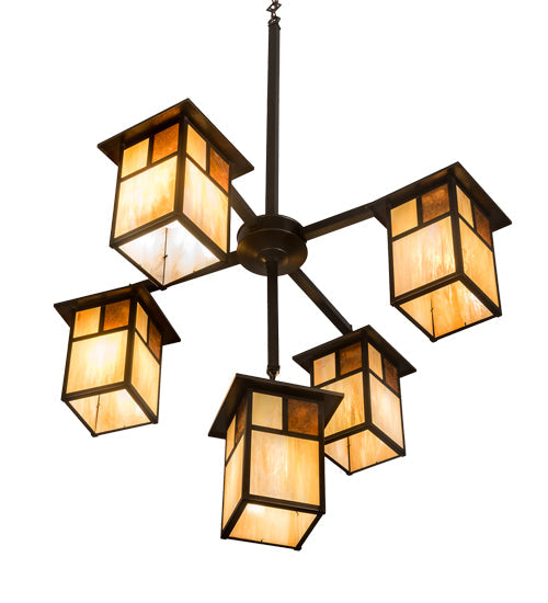 Meyda Lighting Hyde Park 32" 5-Light Craftsman Brown "T" Mission Chandelier With Beige Iridescent & Amber Mica Shade Glass