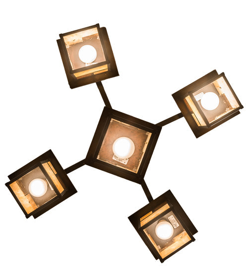 Meyda Lighting Hyde Park 32" 5-Light Craftsman Brown "T" Mission Chandelier With Beige Iridescent & Amber Mica Shade Glass