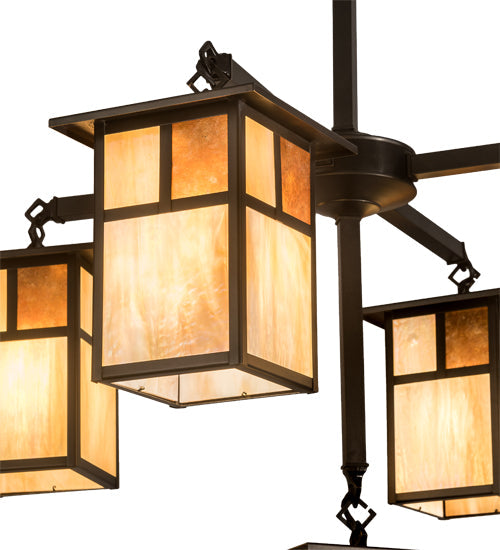 Meyda Lighting Hyde Park 32" 5-Light Craftsman Brown "T" Mission Chandelier With Beige Iridescent & Amber Mica Shade Glass