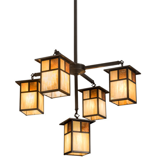 Meyda Lighting Hyde Park 32" 5-Light Craftsman Brown "T" Mission Chandelier With Beige Iridescent & Amber Mica Shade Glass