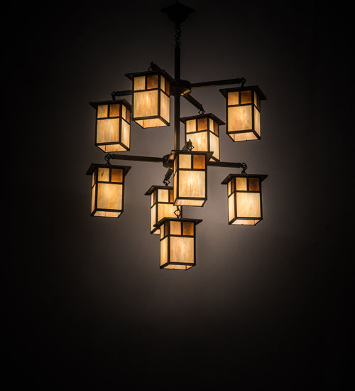 Meyda Lighting Hyde Park 32" 9-Light Craftsman Brown "T" Mission Chandelier With Beige Iridescent Glass & Amber Mica Shade