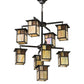 Meyda Lighting Hyde Park 32" 9-Light Craftsman Brown "T" Mission Chandelier With Beige Iridescent Glass & Amber Mica Shade