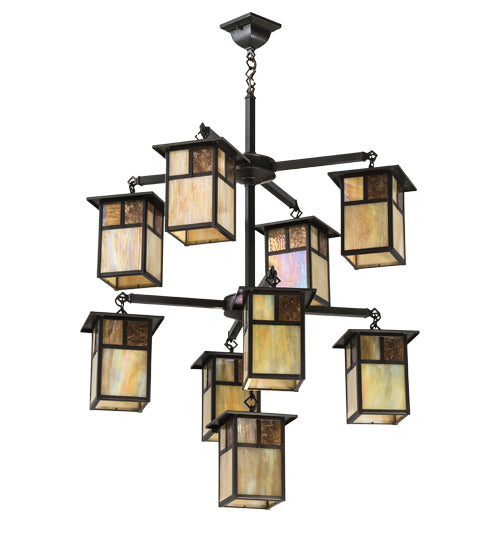 Meyda Lighting Hyde Park 32" 9-Light Craftsman Brown "T" Mission Chandelier With Beige Iridescent Glass & Amber Mica Shade