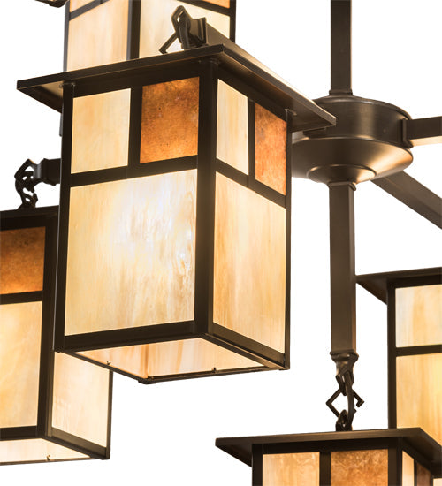 Meyda Lighting Hyde Park 32" 9-Light Craftsman Brown "T" Mission Chandelier With Beige Iridescent Glass & Amber Mica Shade