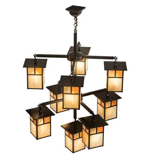 Meyda Lighting Hyde Park 32" 9-Light Craftsman Brown "T" Mission Chandelier With Beige Iridescent Glass & Amber Mica Shade