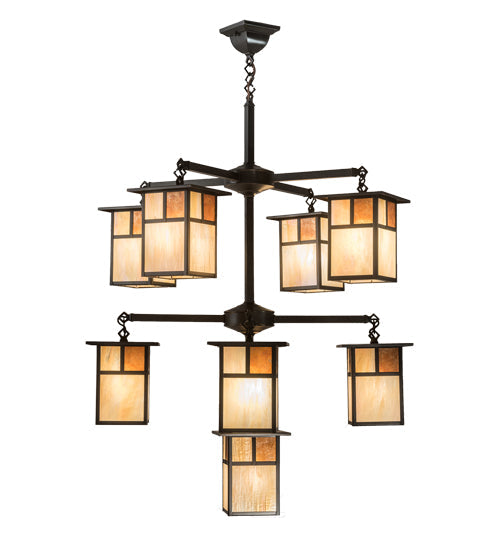 Meyda Lighting Hyde Park 32" 9-Light Craftsman Brown "T" Mission Chandelier With Beige Iridescent Glass & Amber Mica Shade