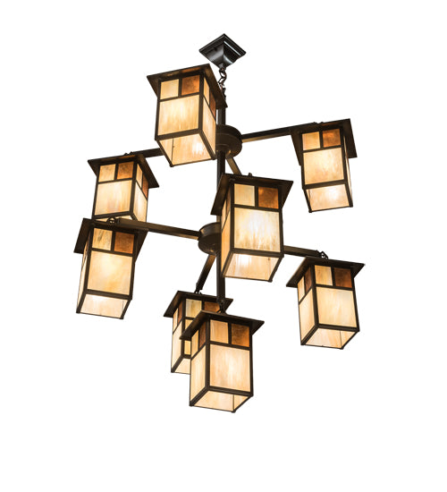 Meyda Lighting Hyde Park 32" 9-Light Craftsman Brown "T" Mission Chandelier With Beige Iridescent Glass & Amber Mica Shade