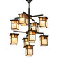 Meyda Lighting Hyde Park 32" 9-Light Craftsman Brown "T" Mission Chandelier With Beige Iridescent Glass & Amber Mica Shade