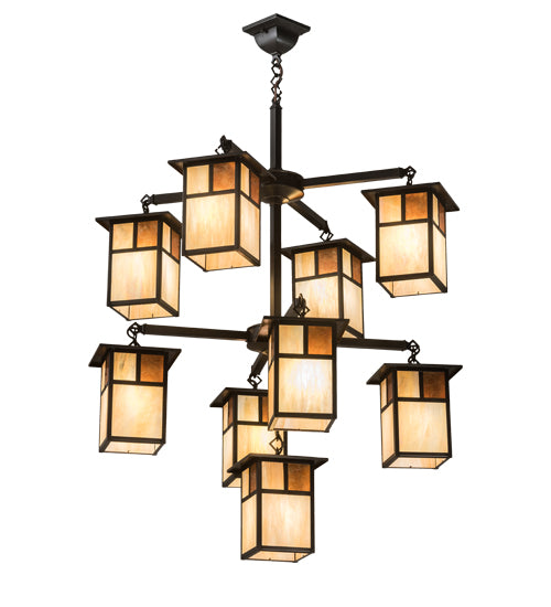 Meyda Lighting Hyde Park 32" 9-Light Craftsman Brown "T" Mission Chandelier With Beige Iridescent Glass & Amber Mica Shade