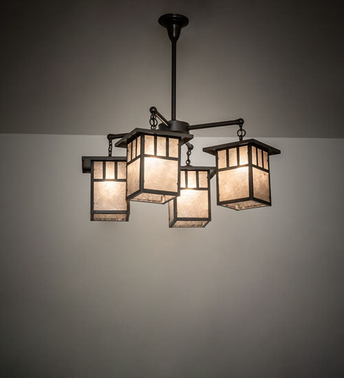 Meyda Lighting Hyde Park 34" 4-Light Craftsman Brown Double Bar Mission Chandelier With Silver Mica Shade Glass