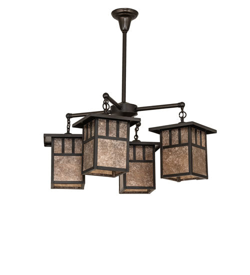 Meyda Lighting Hyde Park 34" 4-Light Craftsman Brown Double Bar Mission Chandelier With Silver Mica Shade Glass