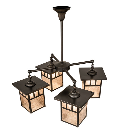 Meyda Lighting Hyde Park 34" 4-Light Craftsman Brown Double Bar Mission Chandelier With Silver Mica Shade Glass