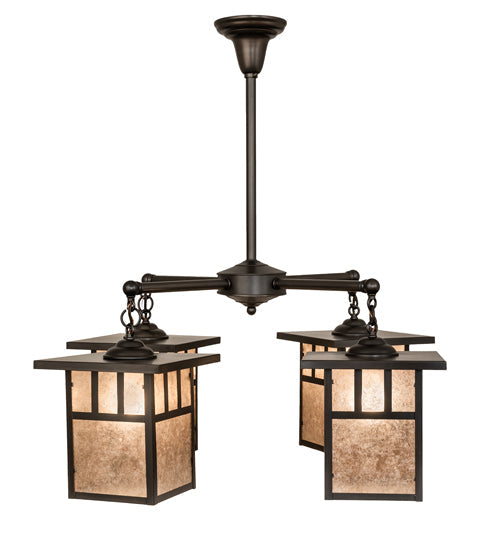 Meyda Lighting Hyde Park 34" 4-Light Craftsman Brown Double Bar Mission Chandelier With Silver Mica Shade Glass
