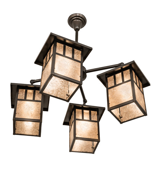 Meyda Lighting Hyde Park 34" 4-Light Craftsman Brown Double Bar Mission Chandelier With Silver Mica Shade Glass