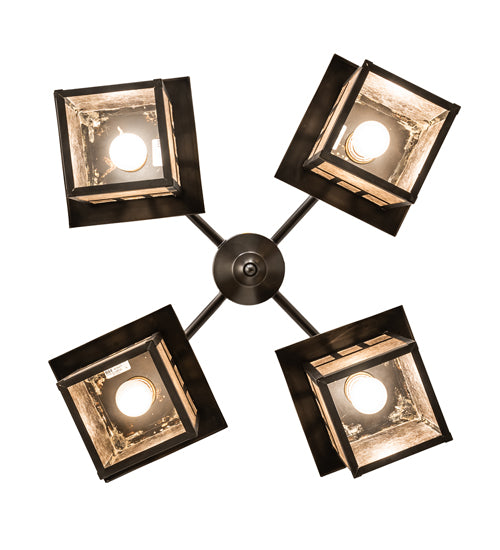 Meyda Lighting Hyde Park 34" 4-Light Craftsman Brown Double Bar Mission Chandelier With Silver Mica Shade Glass