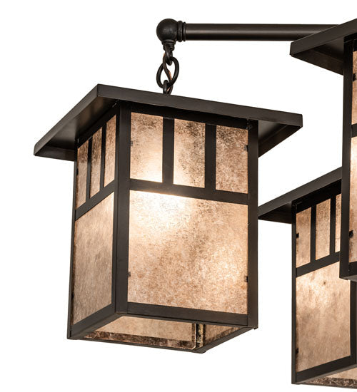 Meyda Lighting Hyde Park 34" 4-Light Craftsman Brown Double Bar Mission Chandelier With Silver Mica Shade Glass