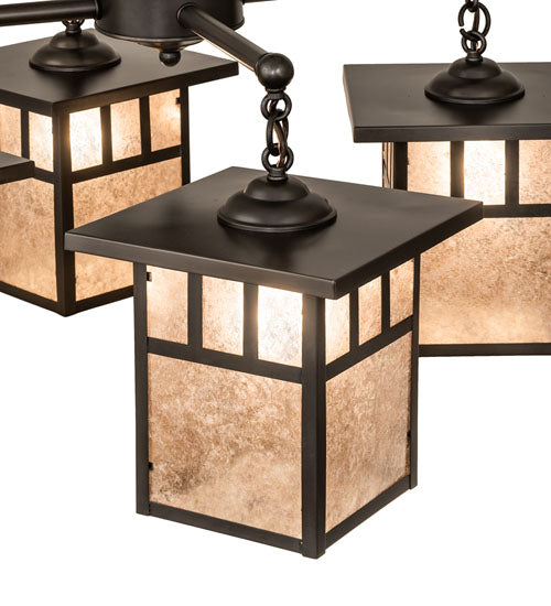 Meyda Lighting Hyde Park 34" 4-Light Craftsman Brown Double Bar Mission Chandelier With Silver Mica Shade Glass