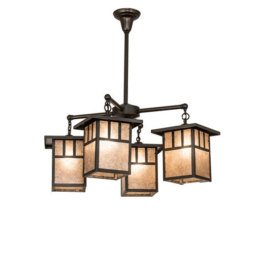 Meyda Lighting Hyde Park 34" 4-Light Craftsman Brown Double Bar Mission Chandelier With Silver Mica Shade Glass