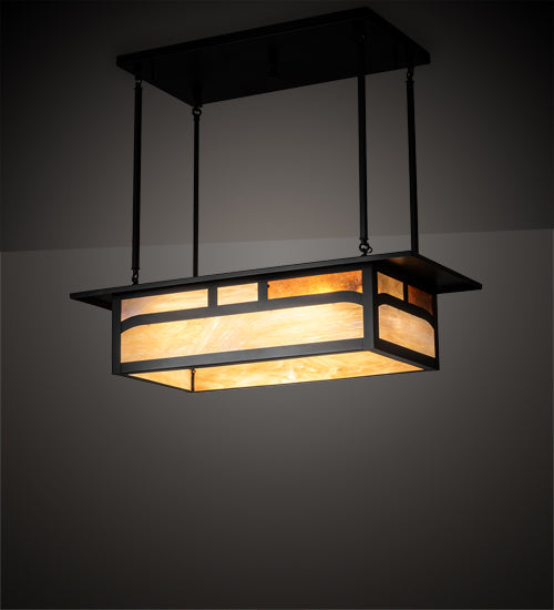 Meyda Lighting Hyde Park 34" 4-Light Craftsman Brown Double Bar Mission Island Pendant Light With Beige & Amber Mica Shade Glass