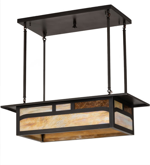 Meyda Lighting Hyde Park 34" 4-Light Craftsman Brown Double Bar Mission Island Pendant Light With Beige & Amber Mica Shade Glass