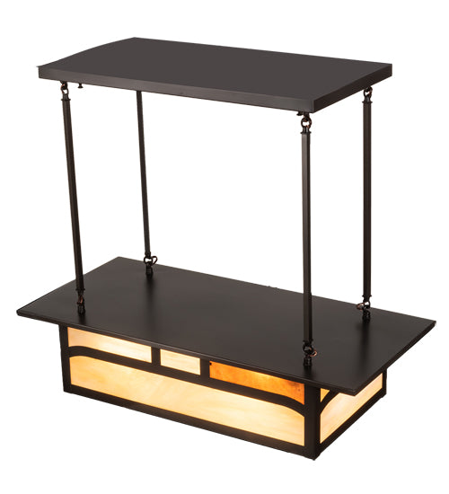 Meyda Lighting Hyde Park 34" 4-Light Craftsman Brown Double Bar Mission Island Pendant Light With Beige & Amber Mica Shade Glass
