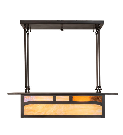 Meyda Lighting Hyde Park 34" 4-Light Craftsman Brown Double Bar Mission Island Pendant Light With Beige & Amber Mica Shade Glass