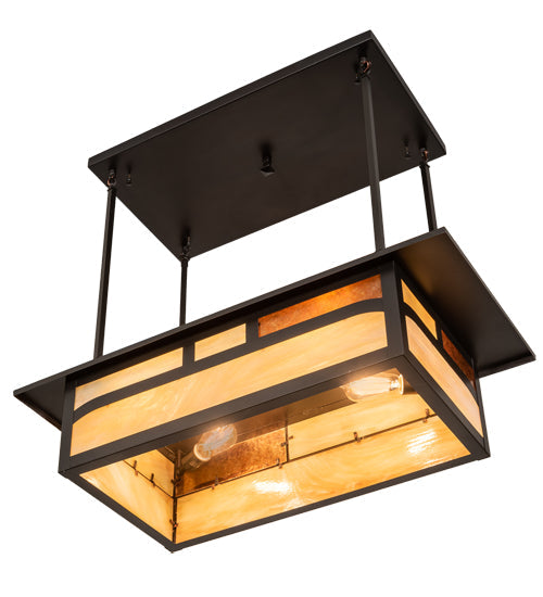 Meyda Lighting Hyde Park 34" 4-Light Craftsman Brown Double Bar Mission Island Pendant Light With Beige & Amber Mica Shade Glass