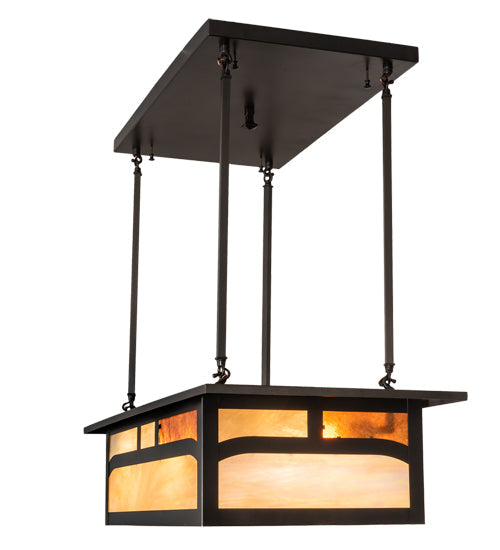 Meyda Lighting Hyde Park 34" 4-Light Craftsman Brown Double Bar Mission Island Pendant Light With Beige & Amber Mica Shade Glass