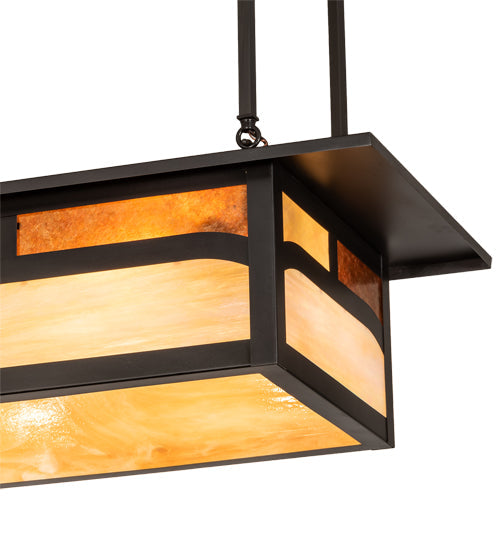 Meyda Lighting Hyde Park 34" 4-Light Craftsman Brown Double Bar Mission Island Pendant Light With Beige & Amber Mica Shade Glass