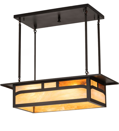 Meyda Lighting Hyde Park 34" 4-Light Craftsman Brown Double Bar Mission Island Pendant Light With Beige & Amber Mica Shade Glass