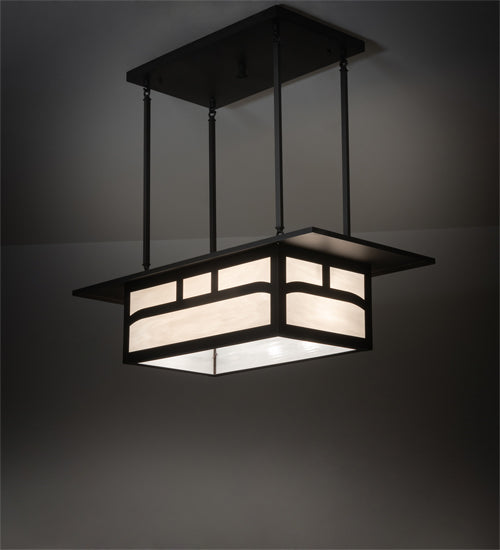 Meyda Lighting Hyde Park 34" 4-Light Craftsman Brown Double Bar Mission Island Pendant Light With White Art Shade Glass