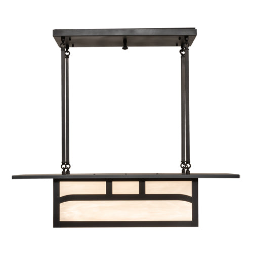 Meyda Lighting Hyde Park 34" 4-Light Craftsman Brown Double Bar Mission Island Pendant Light With White Art Shade Glass