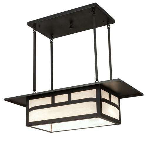 Meyda Lighting Hyde Park 34" 4-Light Craftsman Brown Double Bar Mission Island Pendant Light With White Art Shade Glass