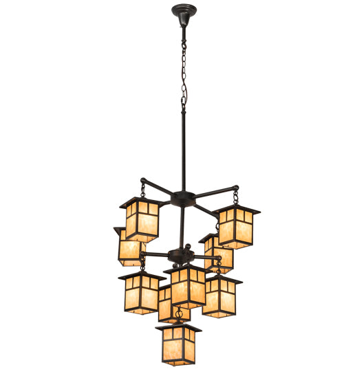Meyda Lighting Hyde Park 34" 9-Light Craftsman Brown "T" Mission Chandelier With Beige Iridescent Art Shade Glass