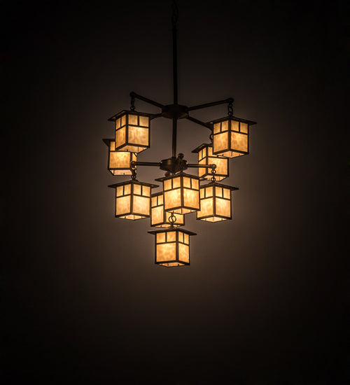 Meyda Lighting Hyde Park 34" 9-Light Craftsman Brown "T" Mission Chandelier With Beige Iridescent Art Shade Glass