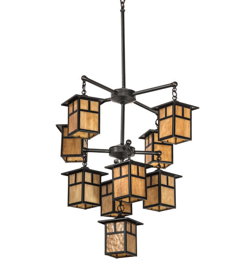 Meyda Lighting Hyde Park 34" 9-Light Craftsman Brown "T" Mission Chandelier With Beige Iridescent Art Shade Glass