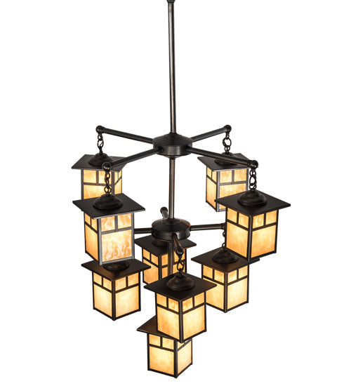Meyda Lighting Hyde Park 34" 9-Light Craftsman Brown "T" Mission Chandelier With Beige Iridescent Art Shade Glass