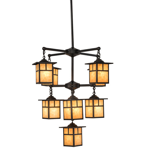 Meyda Lighting Hyde Park 34" 9-Light Craftsman Brown "T" Mission Chandelier With Beige Iridescent Art Shade Glass