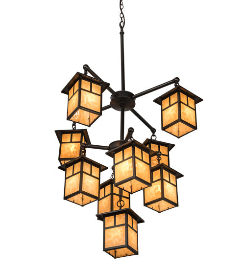 Meyda Lighting Hyde Park 34" 9-Light Craftsman Brown "T" Mission Chandelier With Beige Iridescent Art Shade Glass