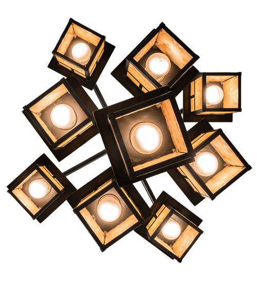 Meyda Lighting Hyde Park 34" 9-Light Craftsman Brown "T" Mission Chandelier With Beige Iridescent Art Shade Glass
