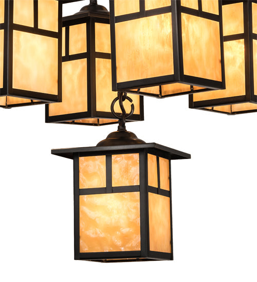 Meyda Lighting Hyde Park 34" 9-Light Craftsman Brown "T" Mission Chandelier With Beige Iridescent Art Shade Glass