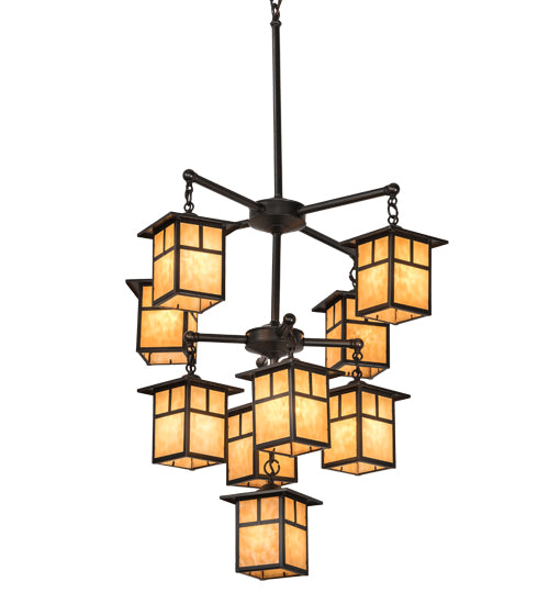 Meyda Lighting Hyde Park 34" 9-Light Craftsman Brown "T" Mission Chandelier With Beige Iridescent Art Shade Glass