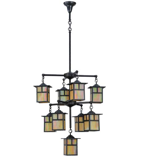 Meyda Lighting Hyde Park 34" 9-Light Craftsman Brown T Mission Chandelier With Beige Iridescent Shade Glass